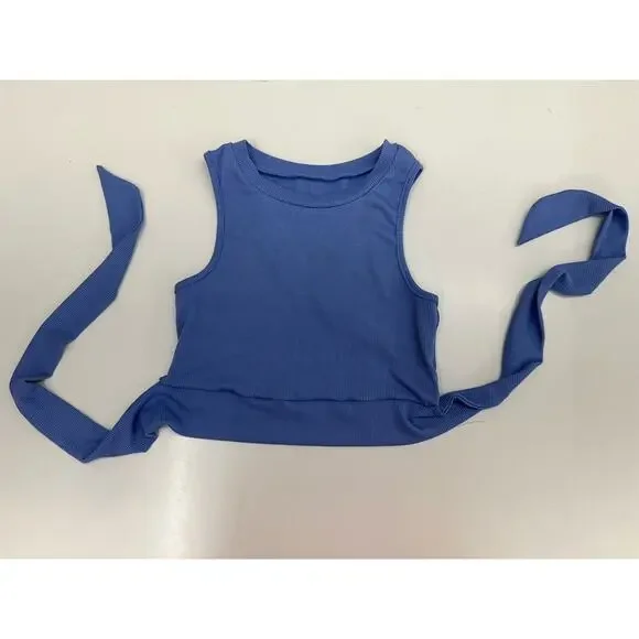 Shein Womens Tank Top Size Small Blue Ribbed Cropped Back Tie - Picture 2 of 13